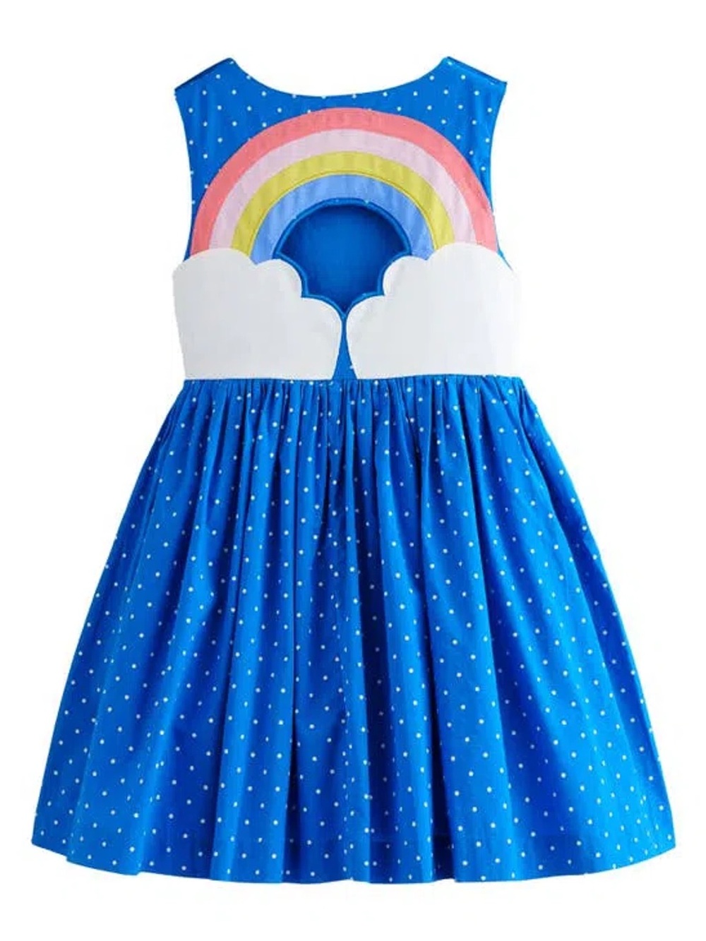 Mini Boden Kids' Dot Print Embellished Cutout Cotton Dress in Blue with Rainbow